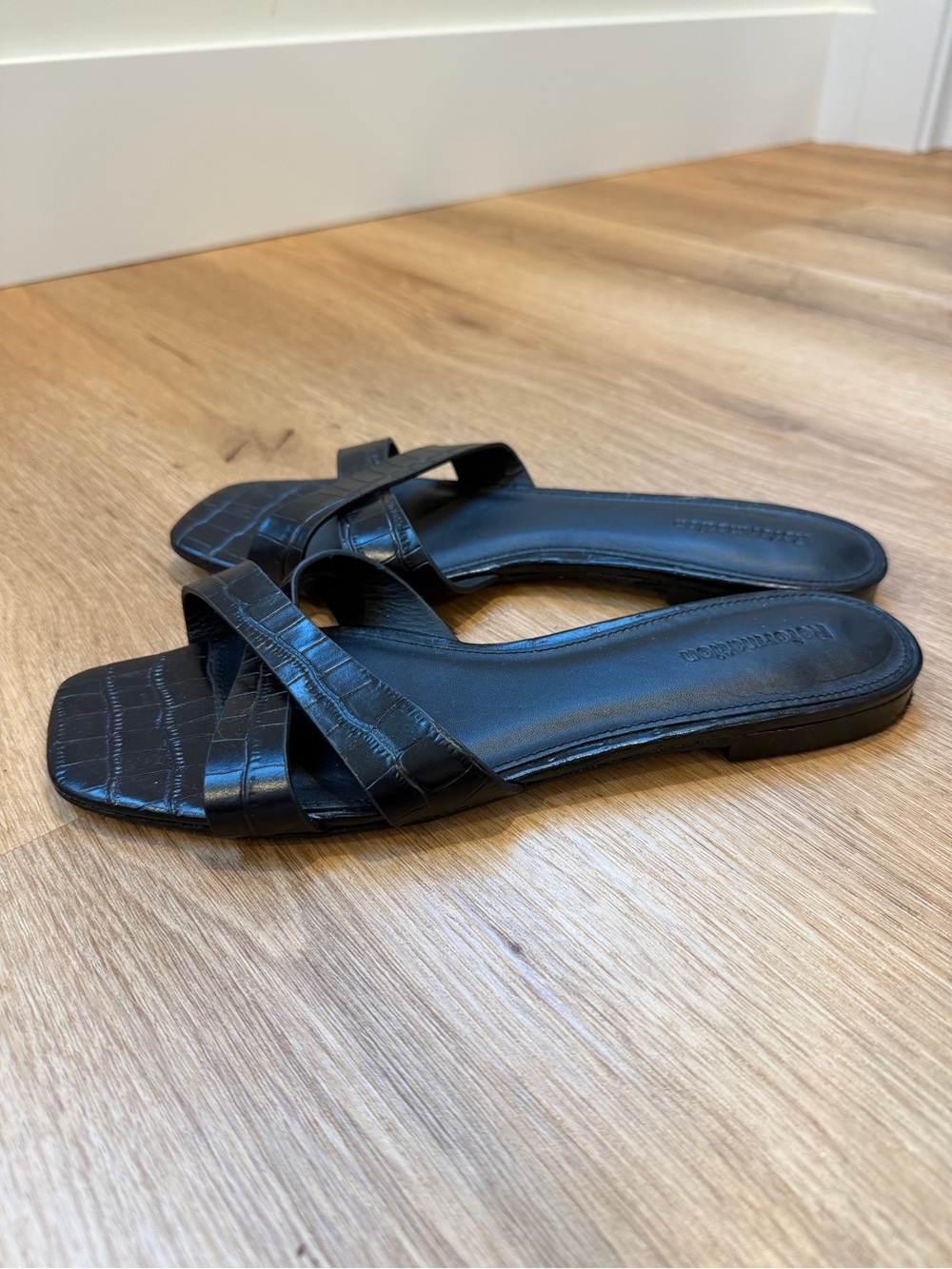 Reformation Black Croc-Embossed Slide Sandals